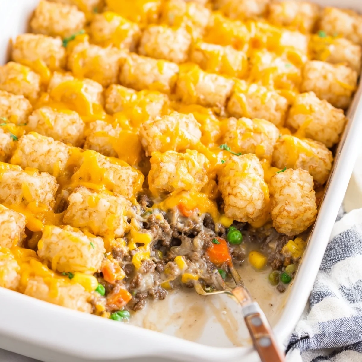 Golden crispy tater tots topping a savory cheesy ground beef casserole fresh from the oven
