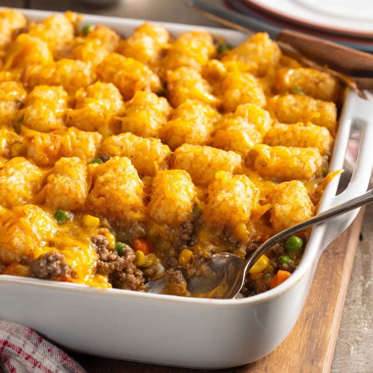Family-friendly cheesy ground beef tater tot casserole with golden brown tots and bubbling cheddar cheese topping