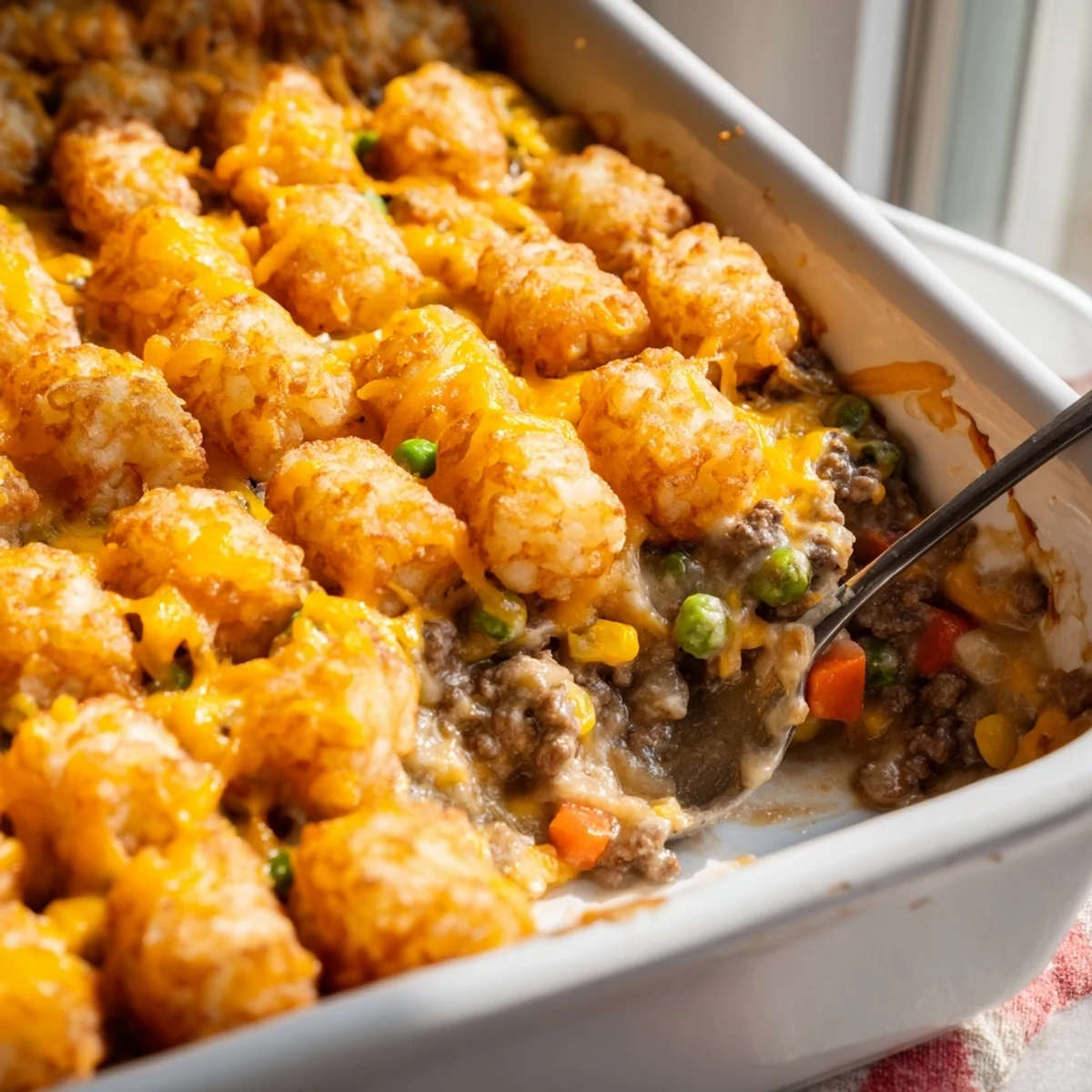 Comforting cheesy ground beef tater tot casserole served in a square baking dish with melted cheese layers