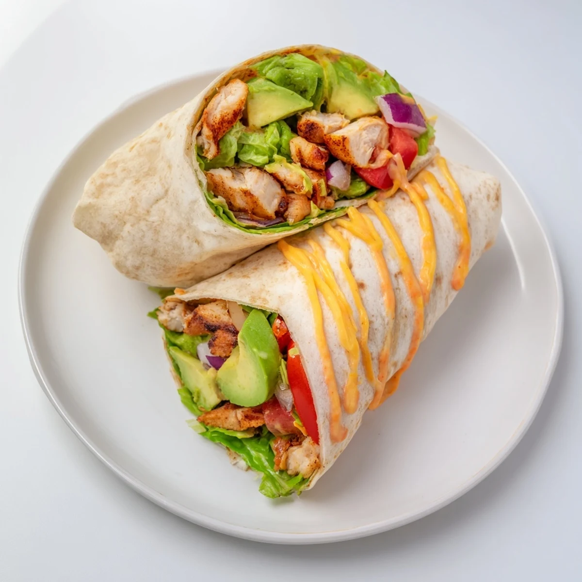 Golden sliced spicy chicken and avocado layered in a soft flour tortilla with crisp vegetables and zesty sauce