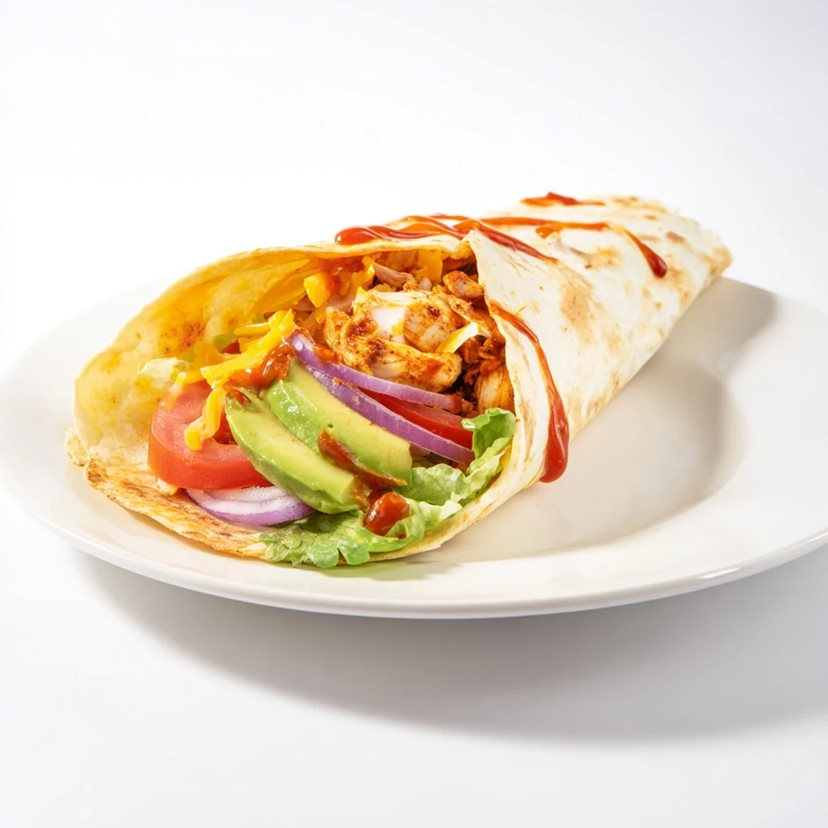 Fresh spicy chicken avocado wraps filled with juicy seasoned meat, creamy avocado, and vibrant crunchy vegetables