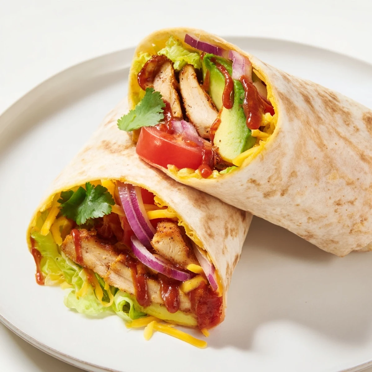 Close-up of rolled spicy chicken avocado wraps showcasing tender spiced chicken, ripe avocado slices, and melted cheddar cheese