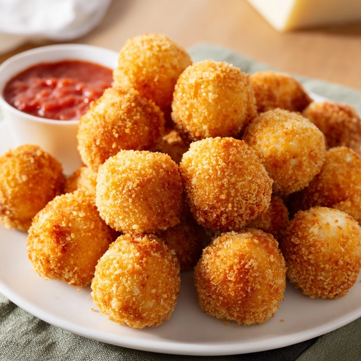 Gooey mozzarella cheese balls with melty center on rustic wooden board with herbs