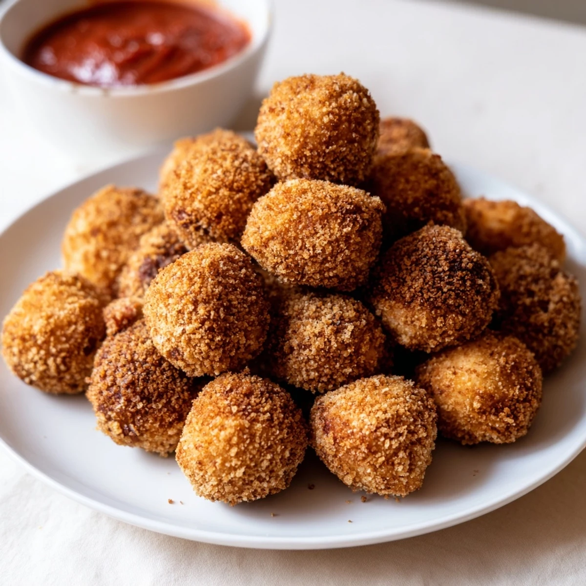 Golden fried mozzarella cheese balls with crispy panko coating served on white plate
