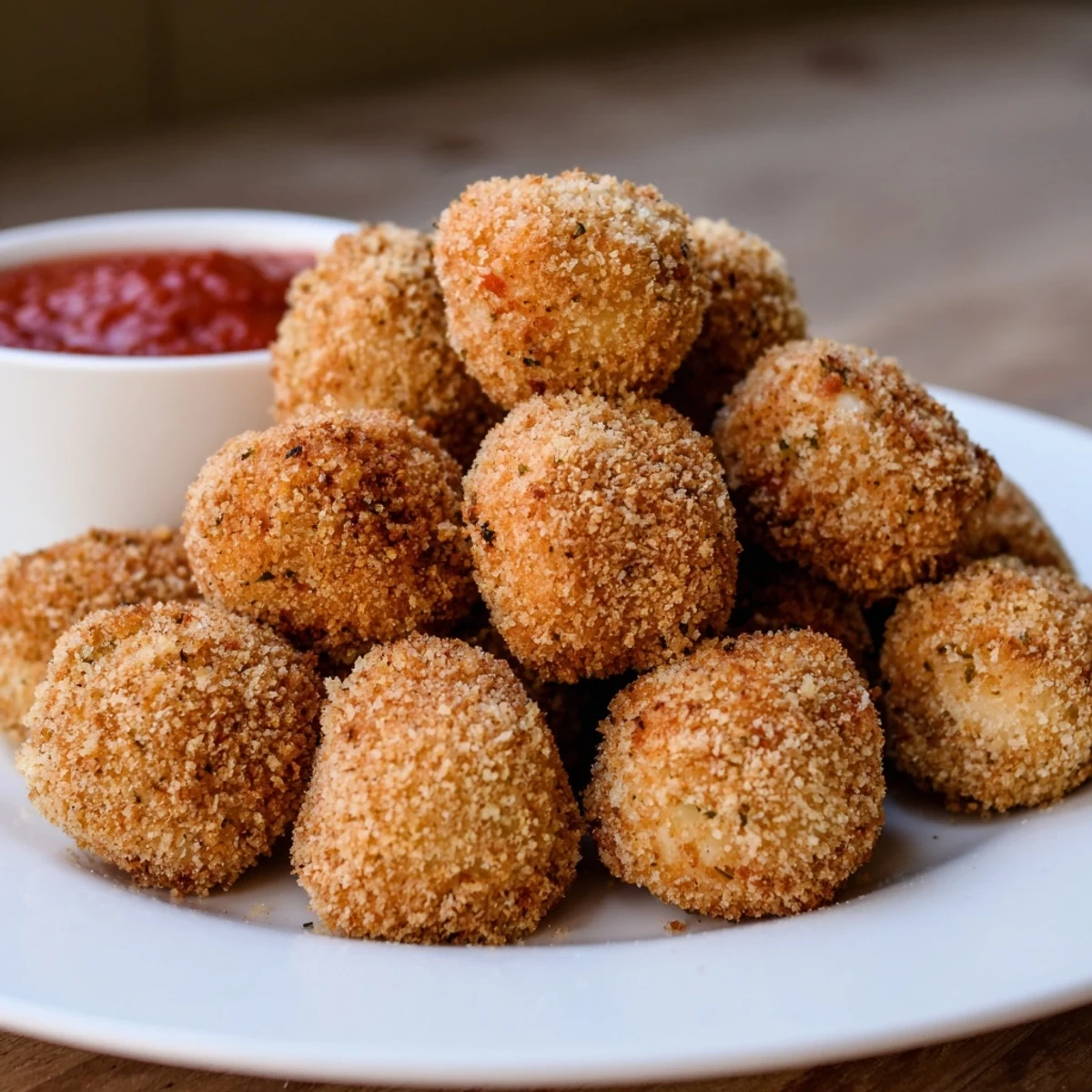 Crispy golden mozzarella cheese balls arranged on platter with marinara dipping sauce