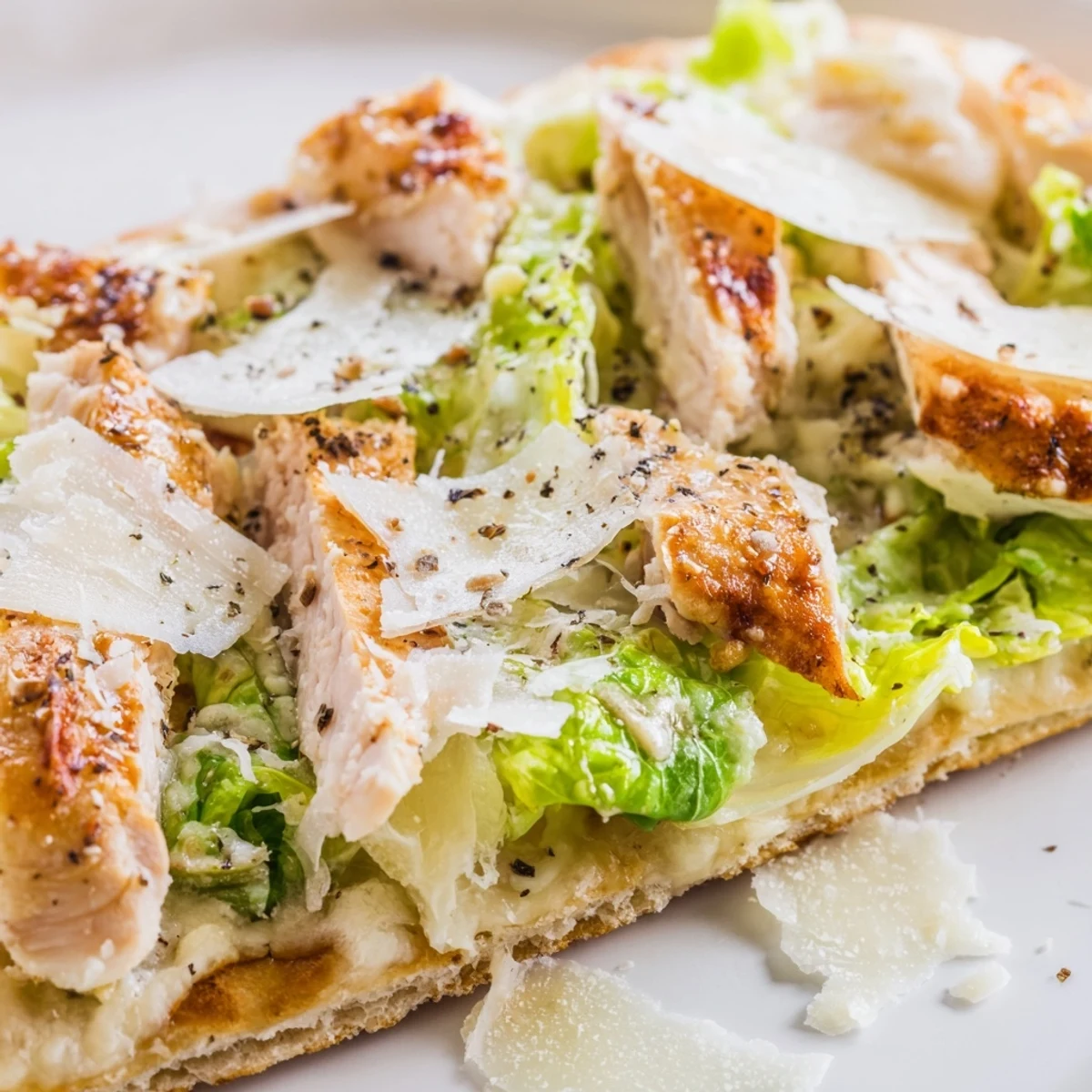 Sliced grilled Chicken Caesar Flatbread with creamy dressing, fresh lettuce, and bubbling cheese on crispy crust