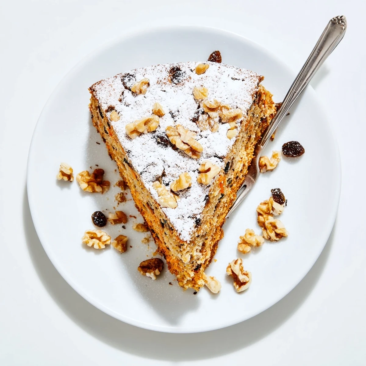 Golden slice of Greek yogurt carrot cake one bowl dessert topped with powdered sugar