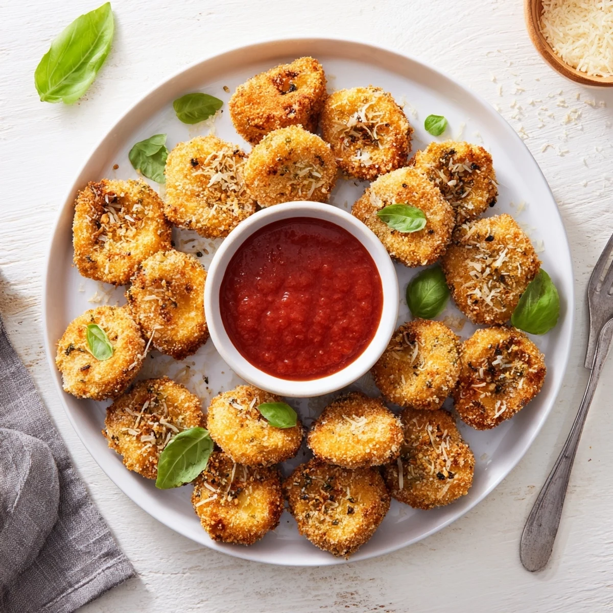 Golden crispy air fryer tortellini served with warm marinara sauce and fresh basil garnish