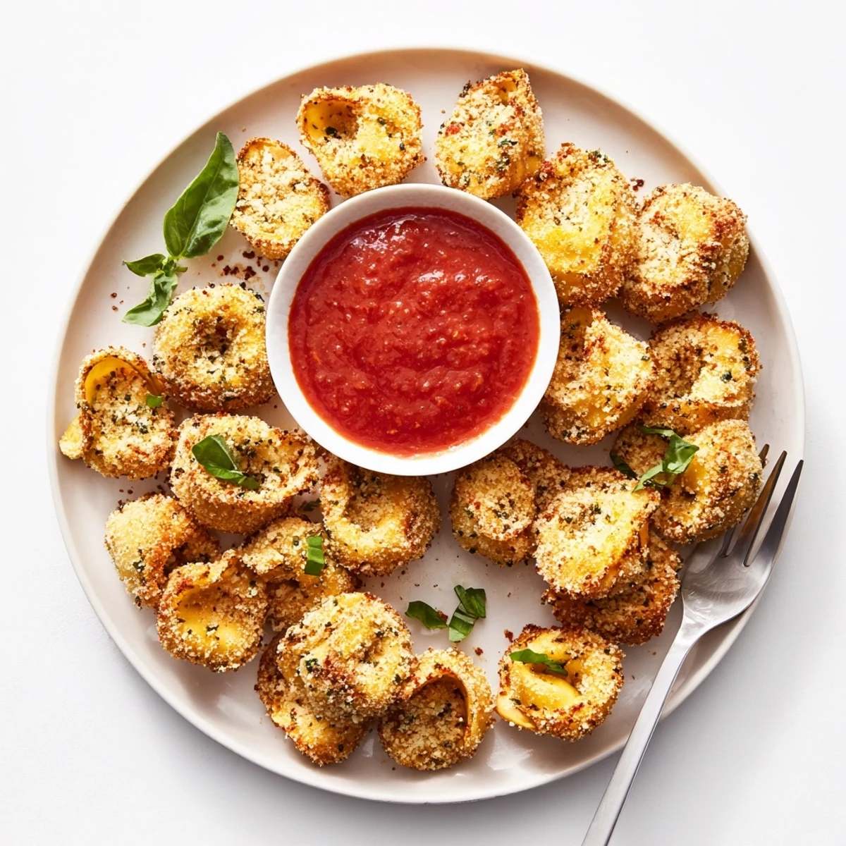 Close-up of crunchy air fryer tortellini sprinkled with Parmesan and Italian herbs