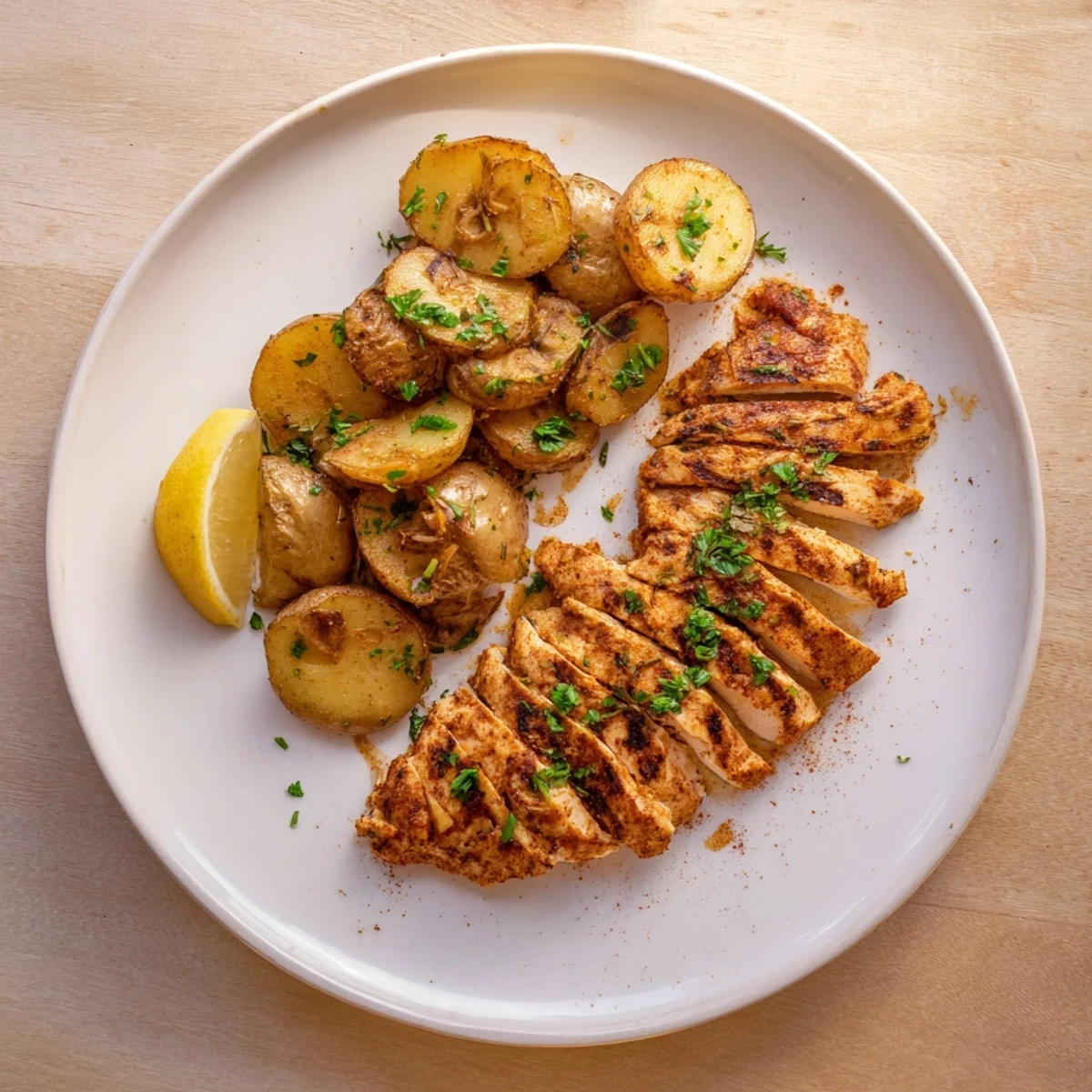 Golden brown grilled chicken breasts served beside perfectly crispy roasted baby Yukon Gold potatoes