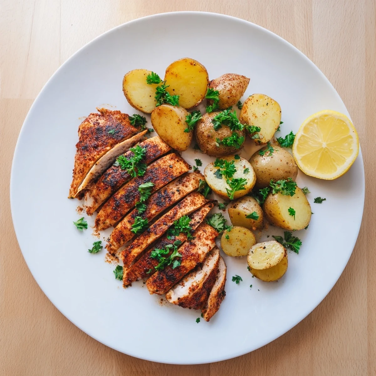 Juicy seasoned grilled chicken resting on a plate alongside rosemary roasted potatoes with caramelized edges
