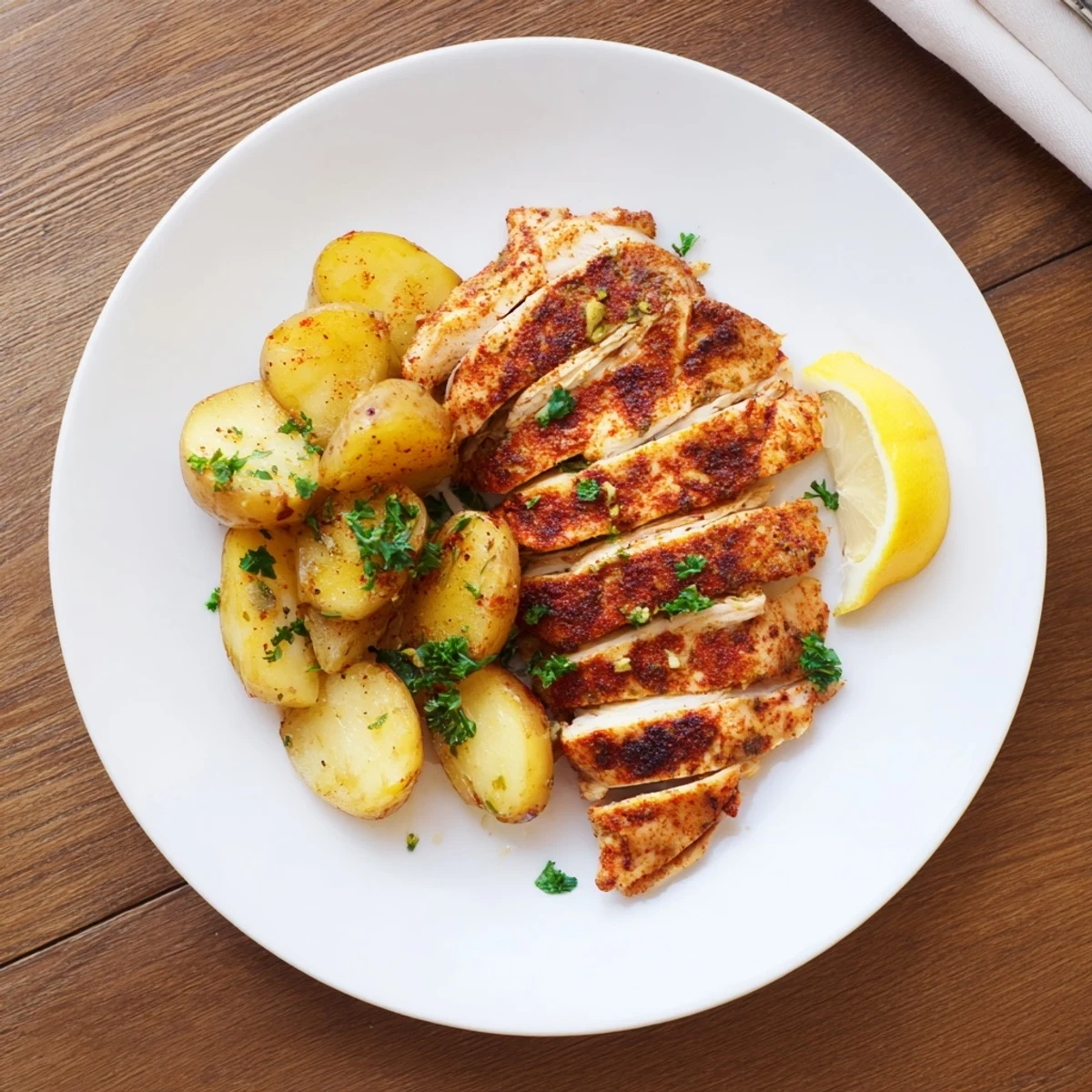 Sliced grilled chicken with crispy golden roasted potatoes garnished with fresh parsley and lemon wedges
