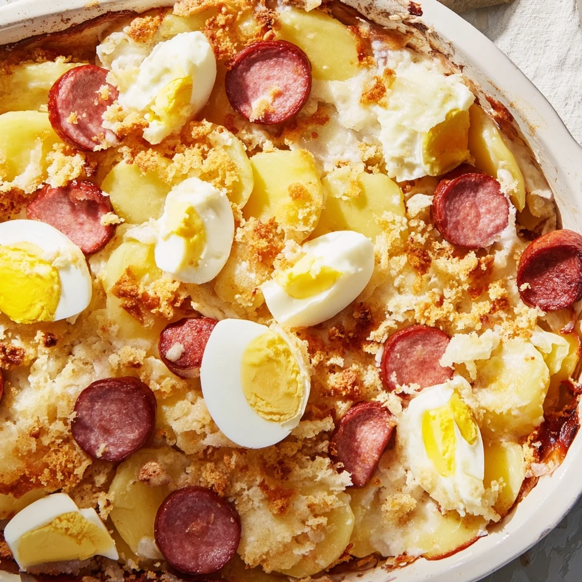 Baked Rakott Krumpli dish featuring tender potato slices with smoked sausage and creamy sour cream topping