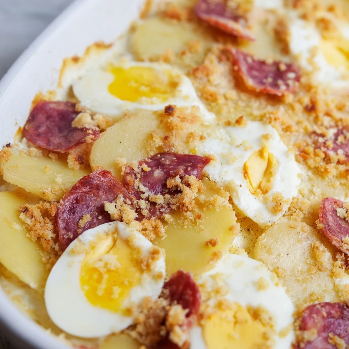 Golden Hungarian Rakott Krumpli casserole with layers of potatoes, sausage, eggs, and sour cream