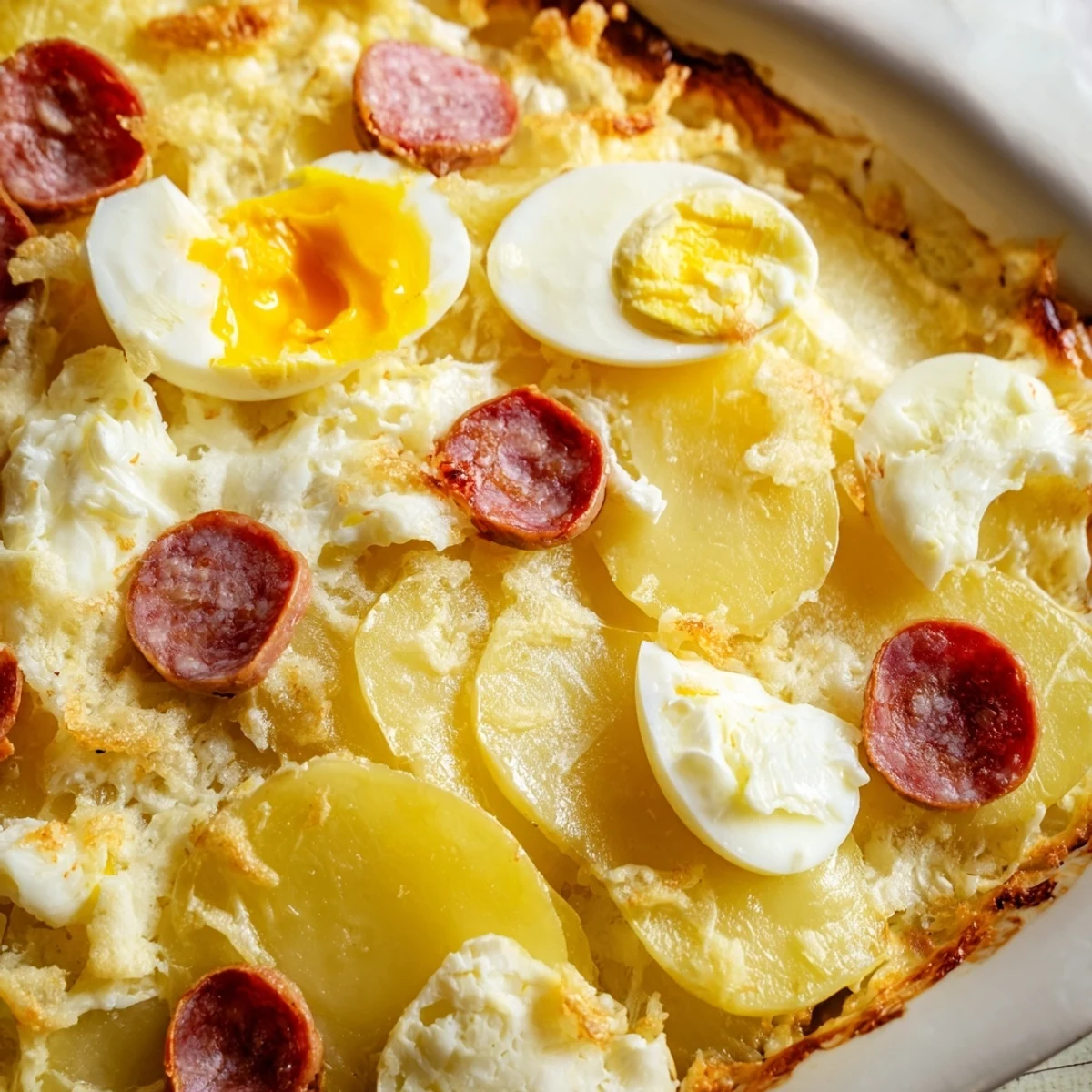 Hearty Rakott Krumpli comfort food with bubbling sour cream, sliced eggs, and golden sausage layers