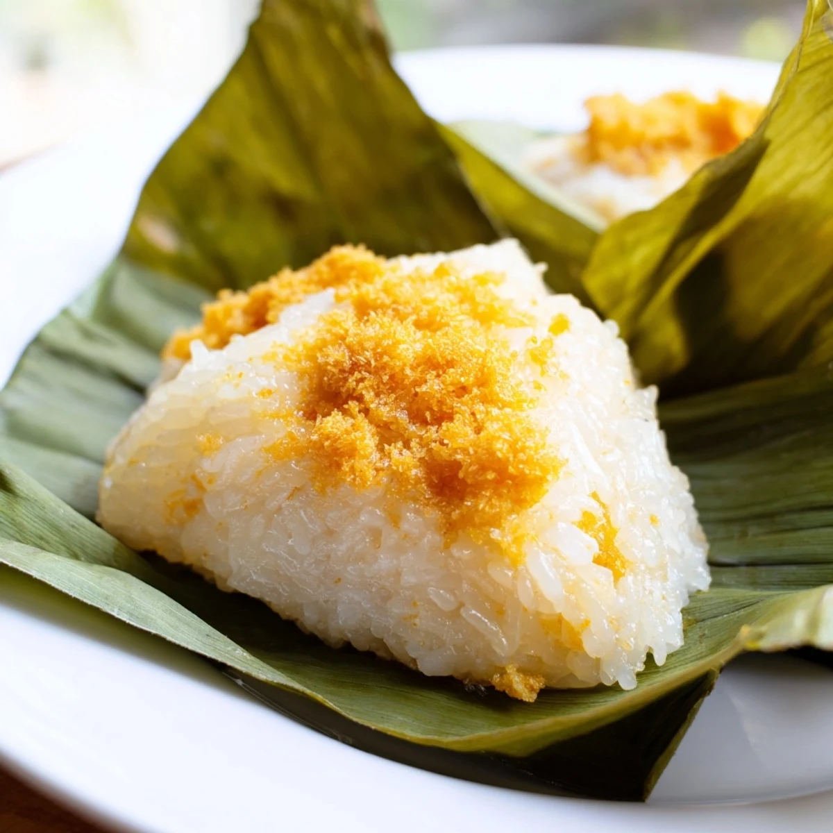 Traditional Malaysian Pulut Inti dessert wrapped in banana leaves with coconut topping