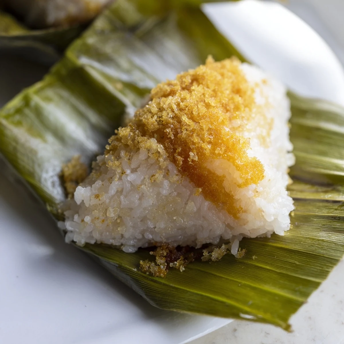 Malaysian Pulut Inti featuring steamed glutinous rice topped with sweet coconut filling