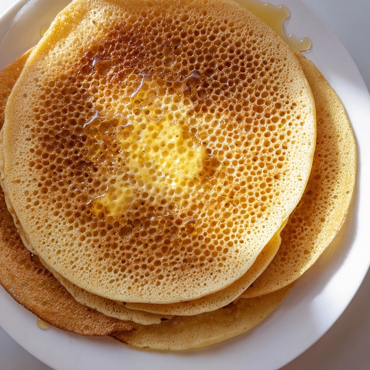 Stack of fluffy Moroccan baghrir pancakes drizzled with golden honey and melted butter