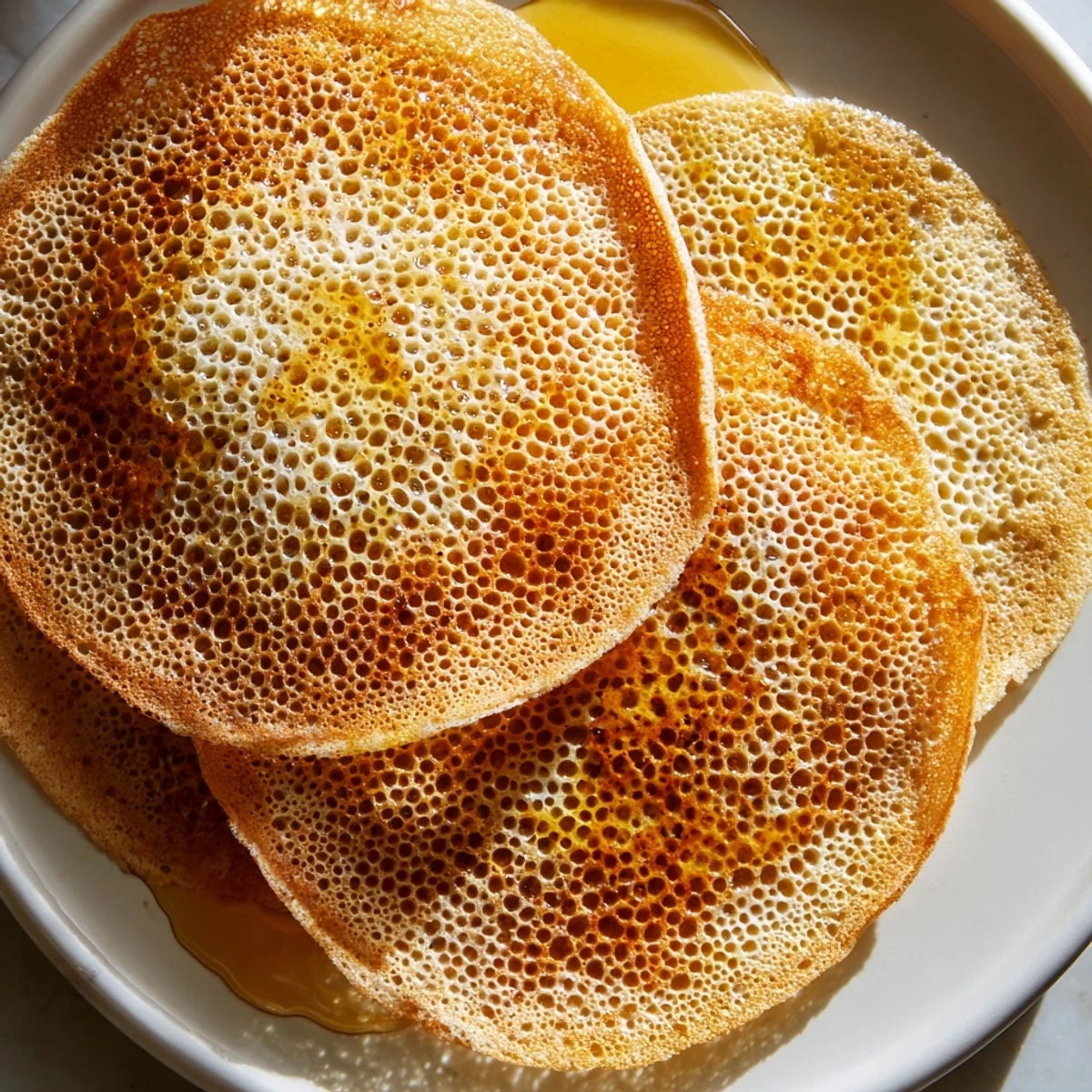 Golden baghrir breakfast pancakes served warm with sweet honey dipping sauce