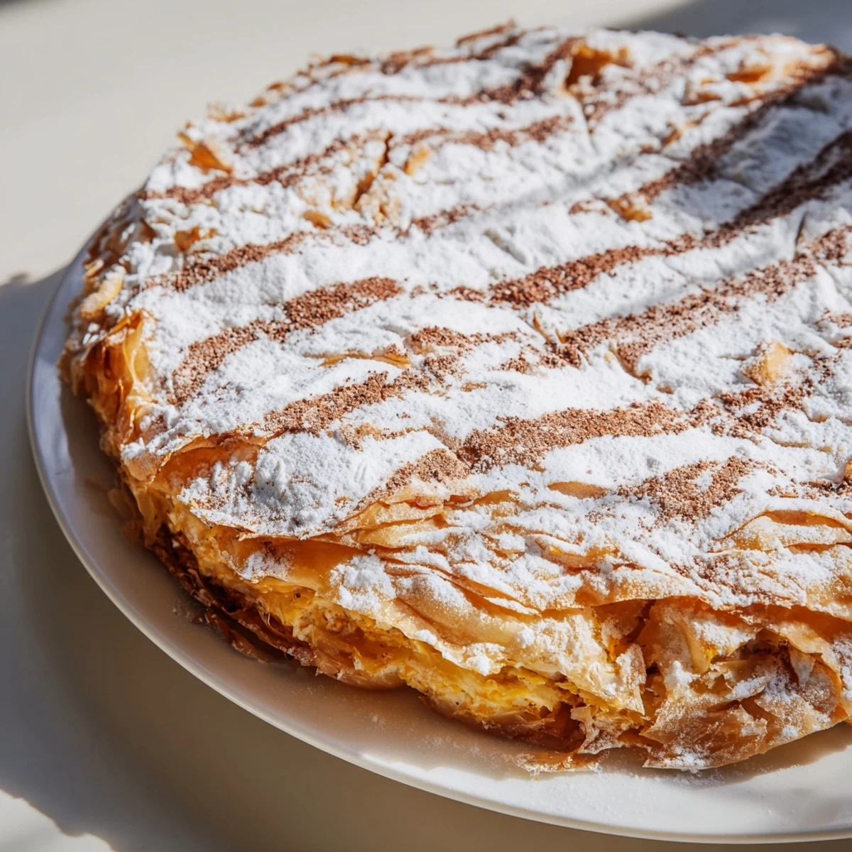 Golden Moroccan bstilla pie with cinnamon sugar dusting on a buttery, flaky pastry crust