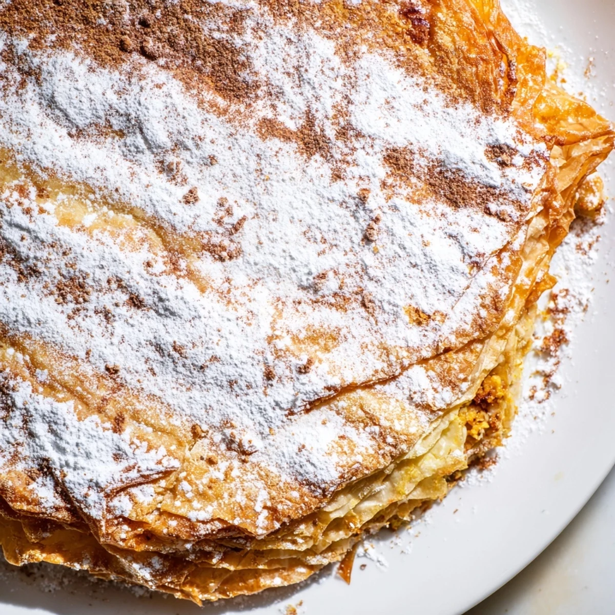 Savory spiced chicken bstilla sliced to reveal tender layers of eggs and almonds