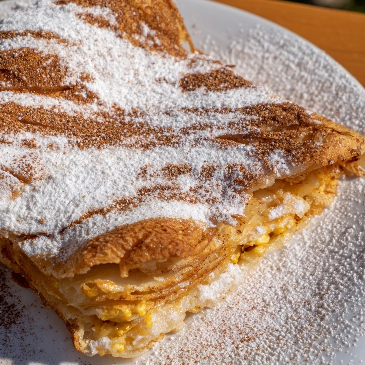 Traditional Moroccan bstilla featuring crisp golden warqa pastry topped with sweet powdered cinnamon