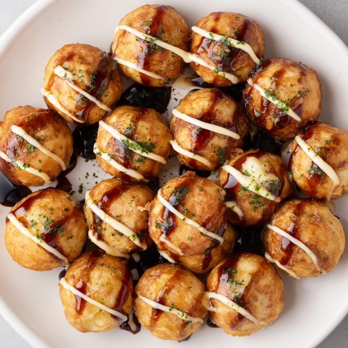 Golden brown Japanese takoyaki balls drizzled with savory sauce and mayonnaise garnished with dancing bonito flakes