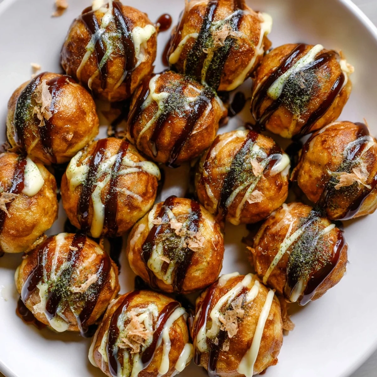 Crispy takoyaki arranged on a plate topped with tangy sauce, mayo, aonori seaweed, and smoky bonito
