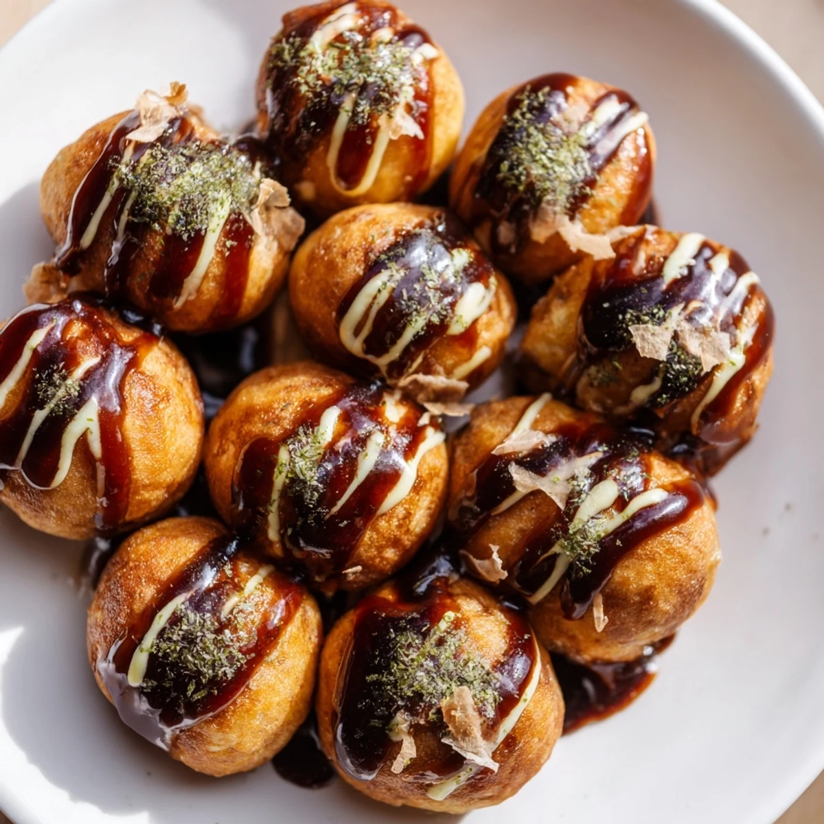 Freshly cooked octopus-filled takoyaki spheres with perfect crispness served hot with traditional Japanese condiments