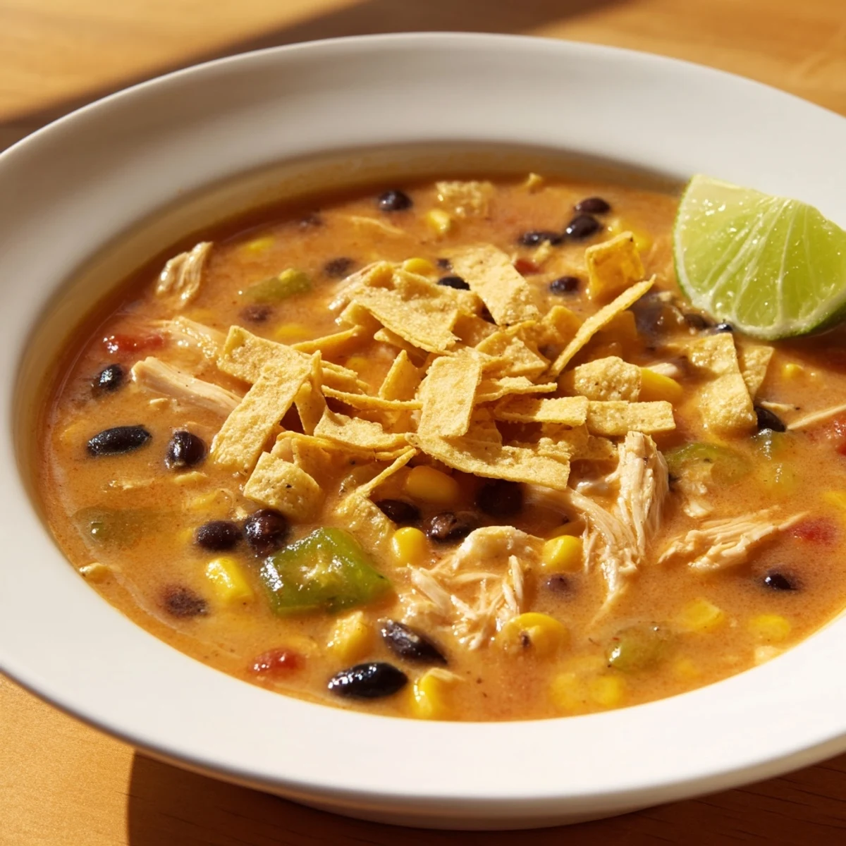 Steamy bowl of creamy chicken taco soup garnished with fresh cilantro, crushed tortilla chips, and shredded cheddar cheese