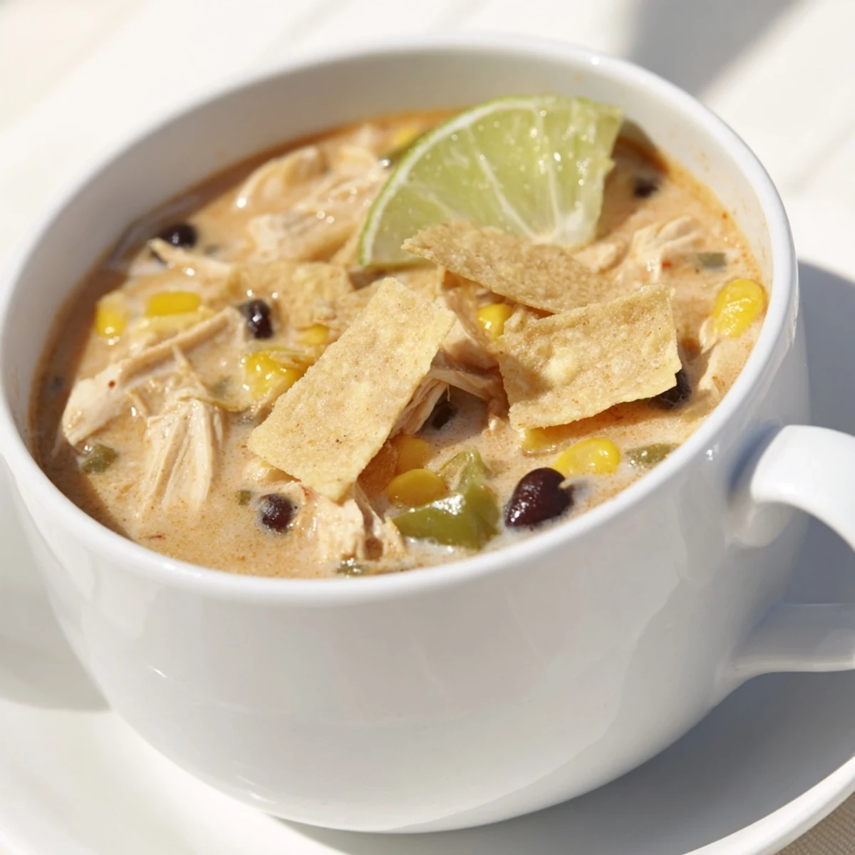 Spoonful of easy creamy chicken taco soup topped with melted cheese and zesty jalapeño slices in a rustic white bowl