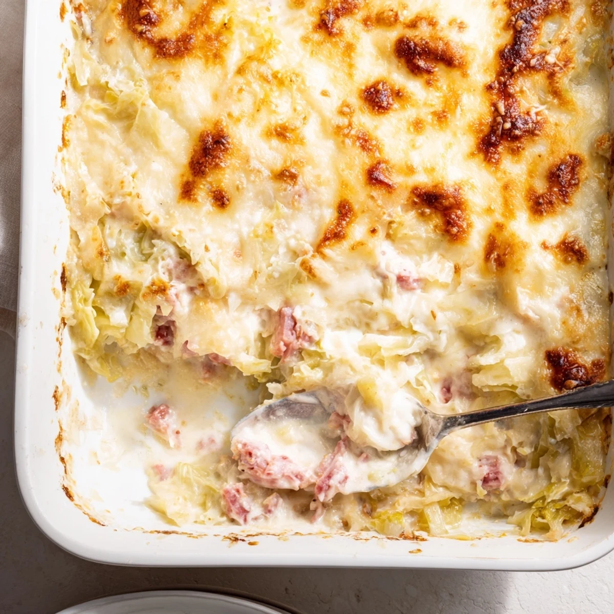 Comforting casserole dish with tender cabbage and savory corned beef in rich creamy sauce