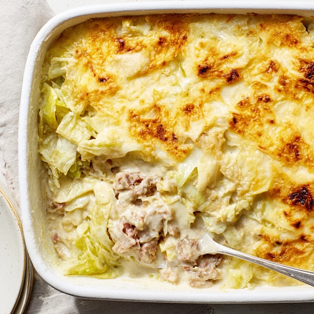 Golden bubbly creamy corned beef cabbage parmesan bake fresh from oven with melted cheese topping