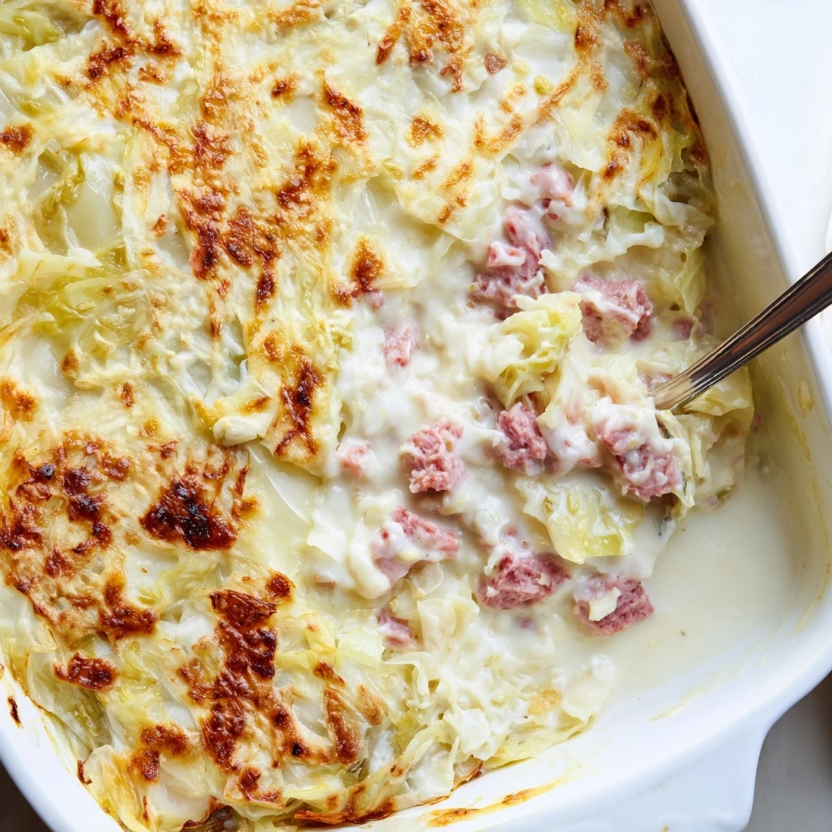 Hearty corned beef cabbage parmesan bake served piping hot with golden brown cheese crust