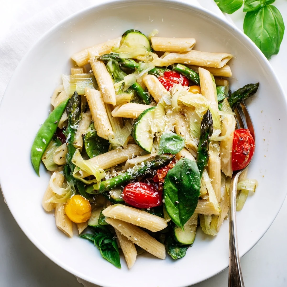 Golden one pot spring vegetable pasta featuring tender asparagus, snap peas, and juicy cherry tomatoes in a light lemon broth
