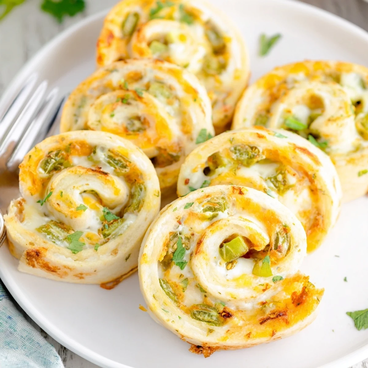 Golden baked easy jalapeno popper pinwheels with melted cheddar and fresh green onion bits