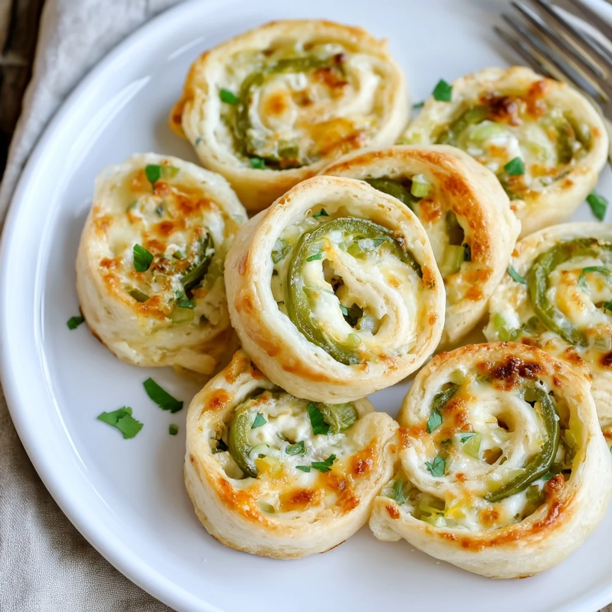 Close-up of easy jalapeno popper pinwheels showing flaky tortilla layers stuffed with spicy jalapeño pieces