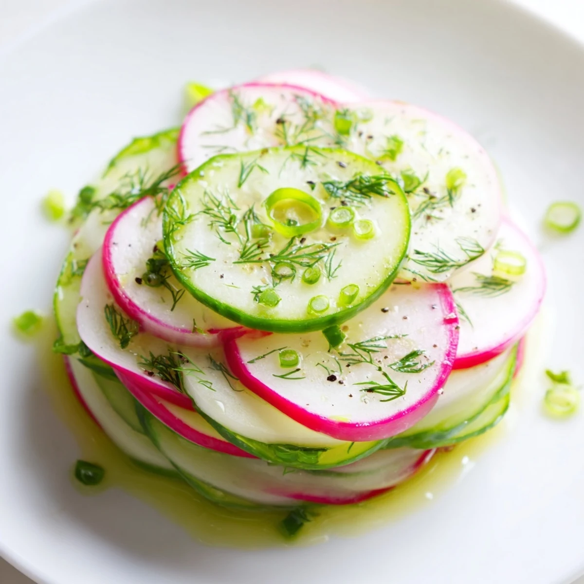 Crisp sliced radishes and cucumbers tossed in olive oil dressing for a light summer meal