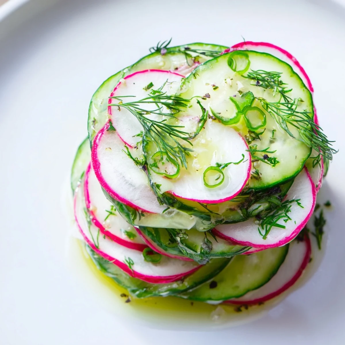 Fresh radish and cucumber salad bowl with vibrant green dill and tangy lemon dressing