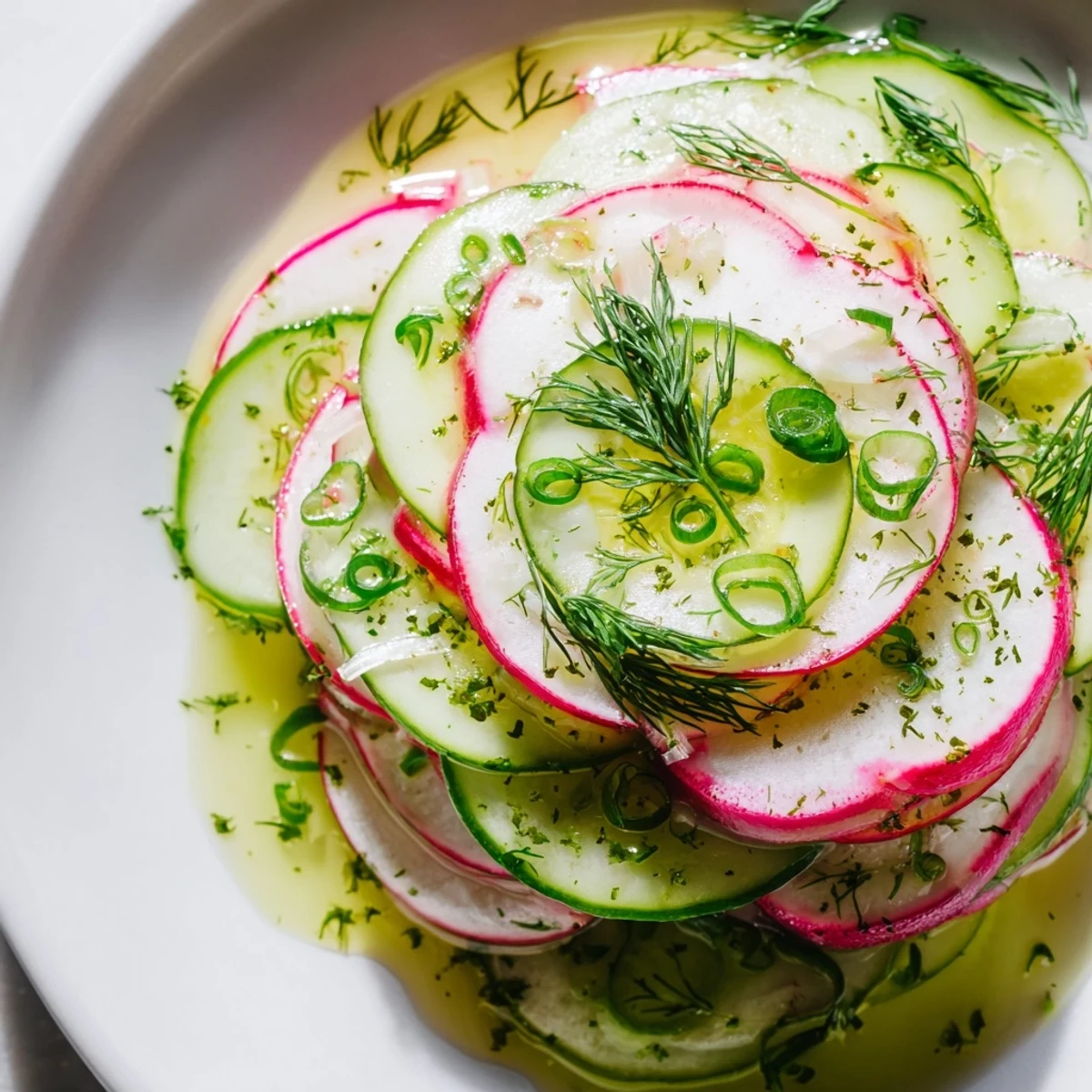 Colorful vegetable salad featuring peppery radishes and cooling cucumbers dressed with lemon and Dijon mustard