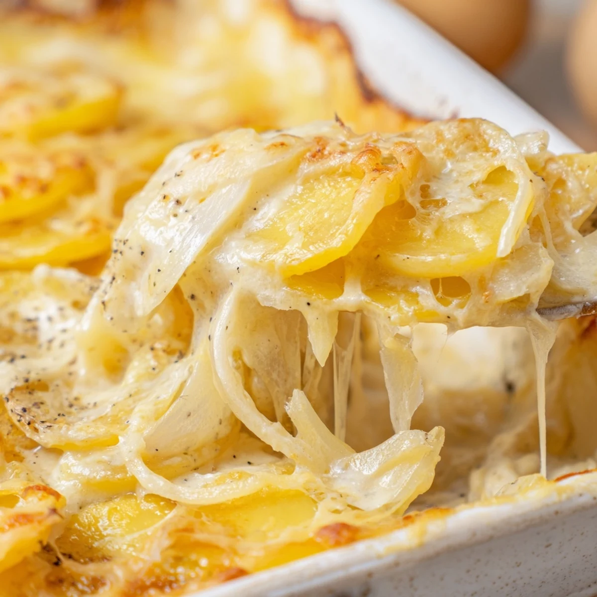 Golden cheesy potatoes au gratin with Gruyère bubbling in a rich cream sauce