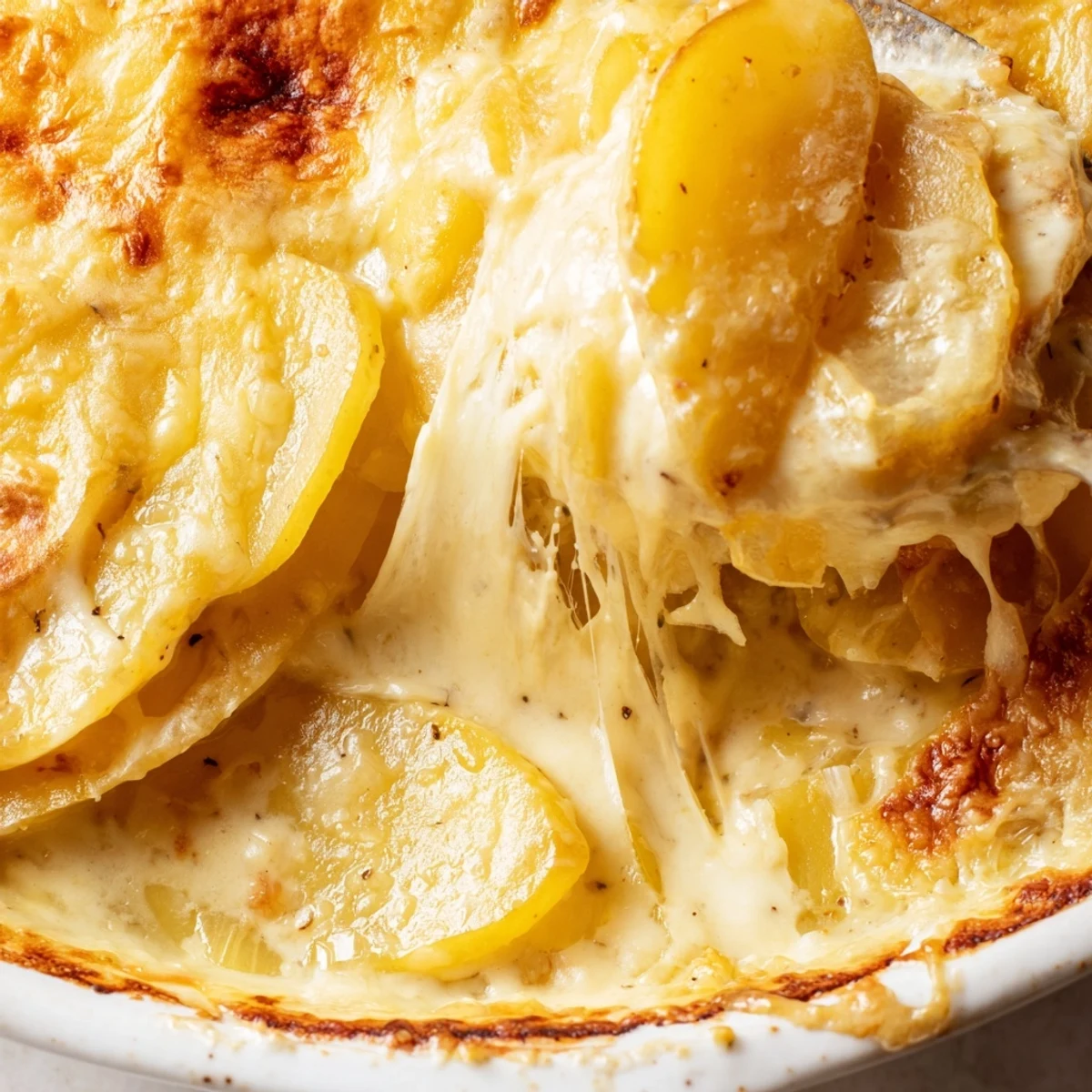 Creamy potatoes au gratin with bubbling Gruyère cheese topping served in a baking dish