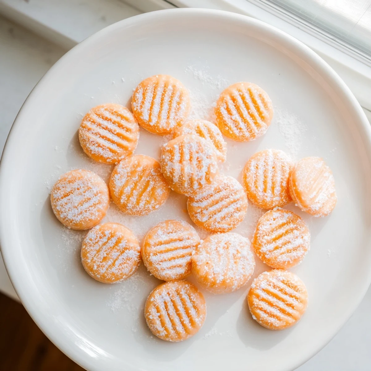 Fresh orange cream cheese mints arranged on a white plate, dusted with powdered sugar