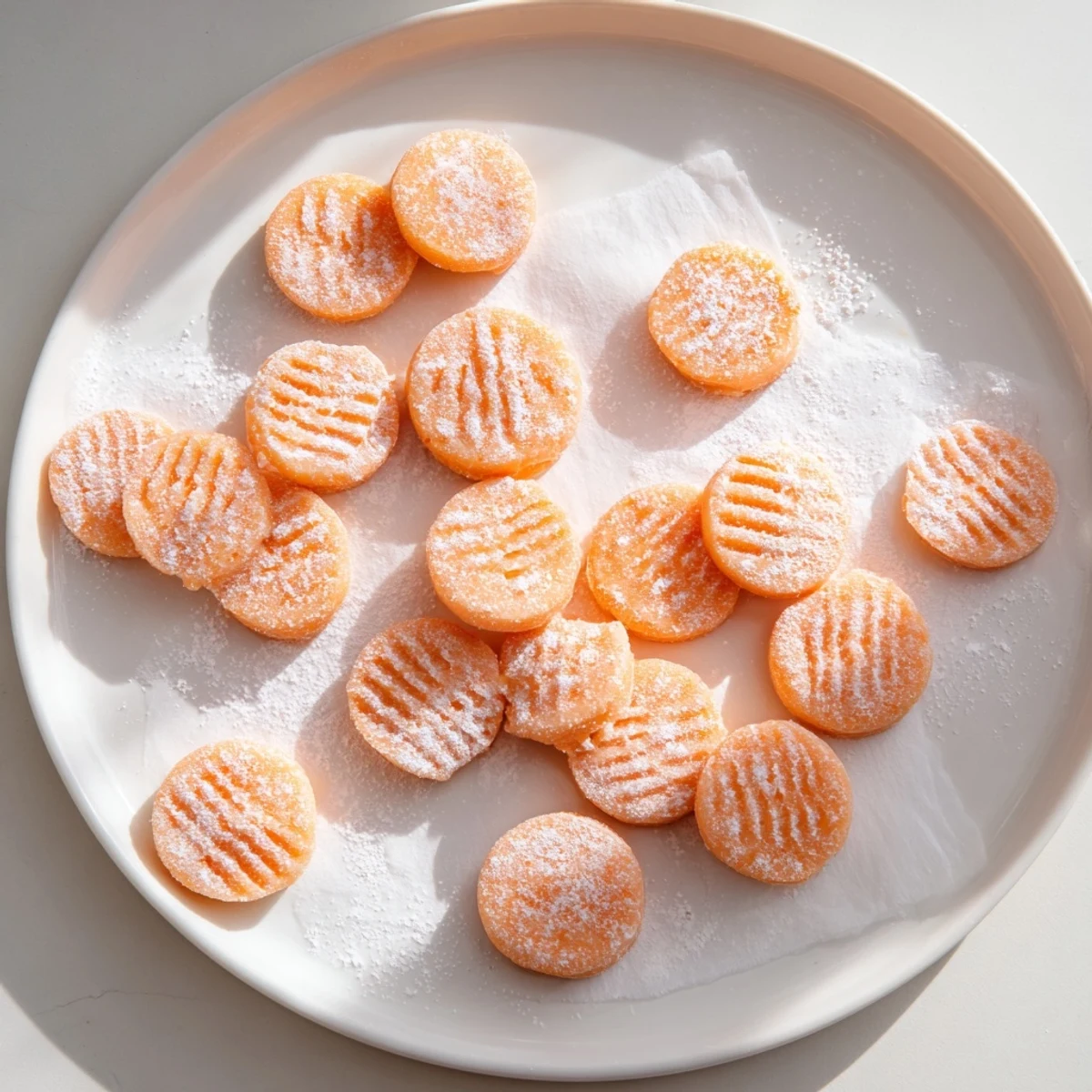Vibrant orange cream cheese mints displayed on a parchment-lined serving tray for parties