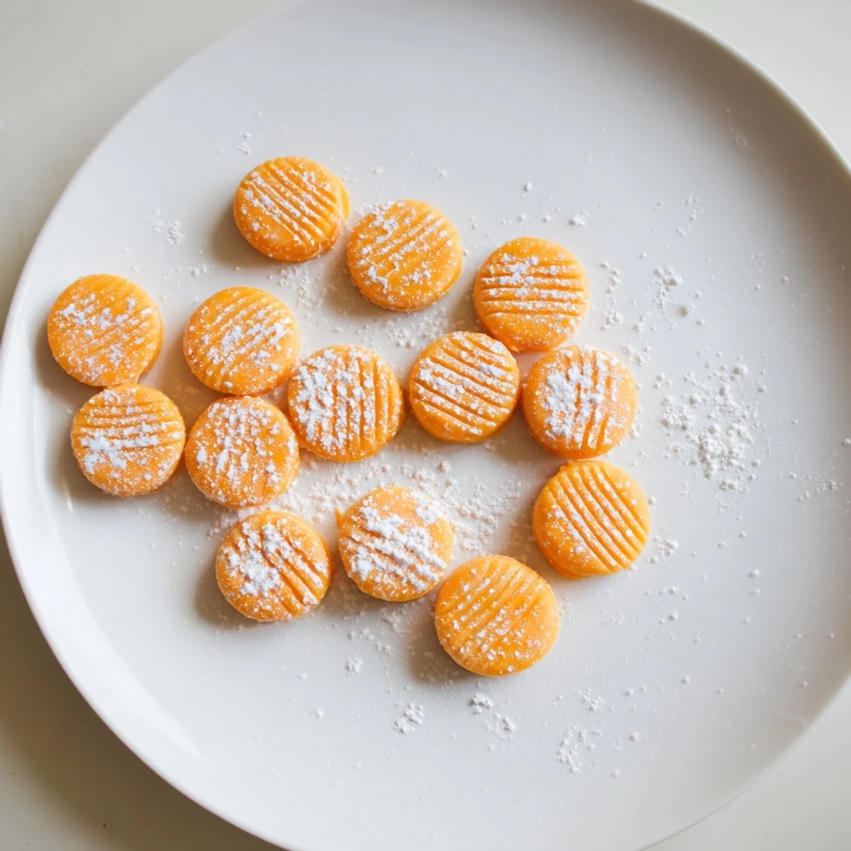 Small batch of homemade orange cream cheese mints with fork patterns, ready for gifting