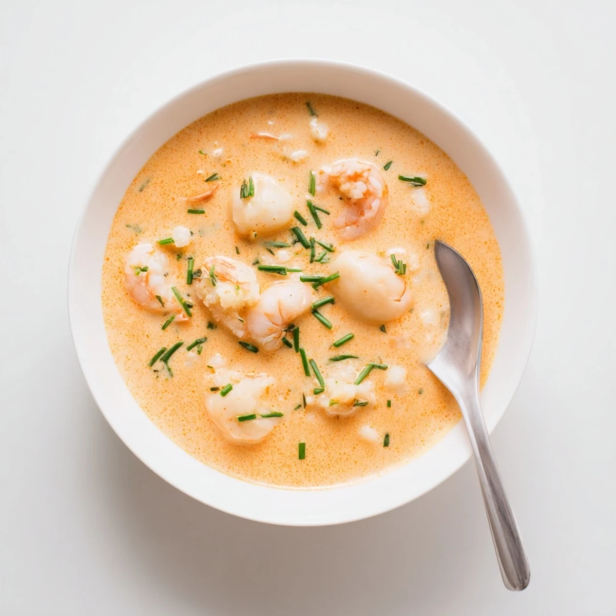 Creamy seafood bisque with tender shrimp, scallops, and crab meat garnished with fresh chives