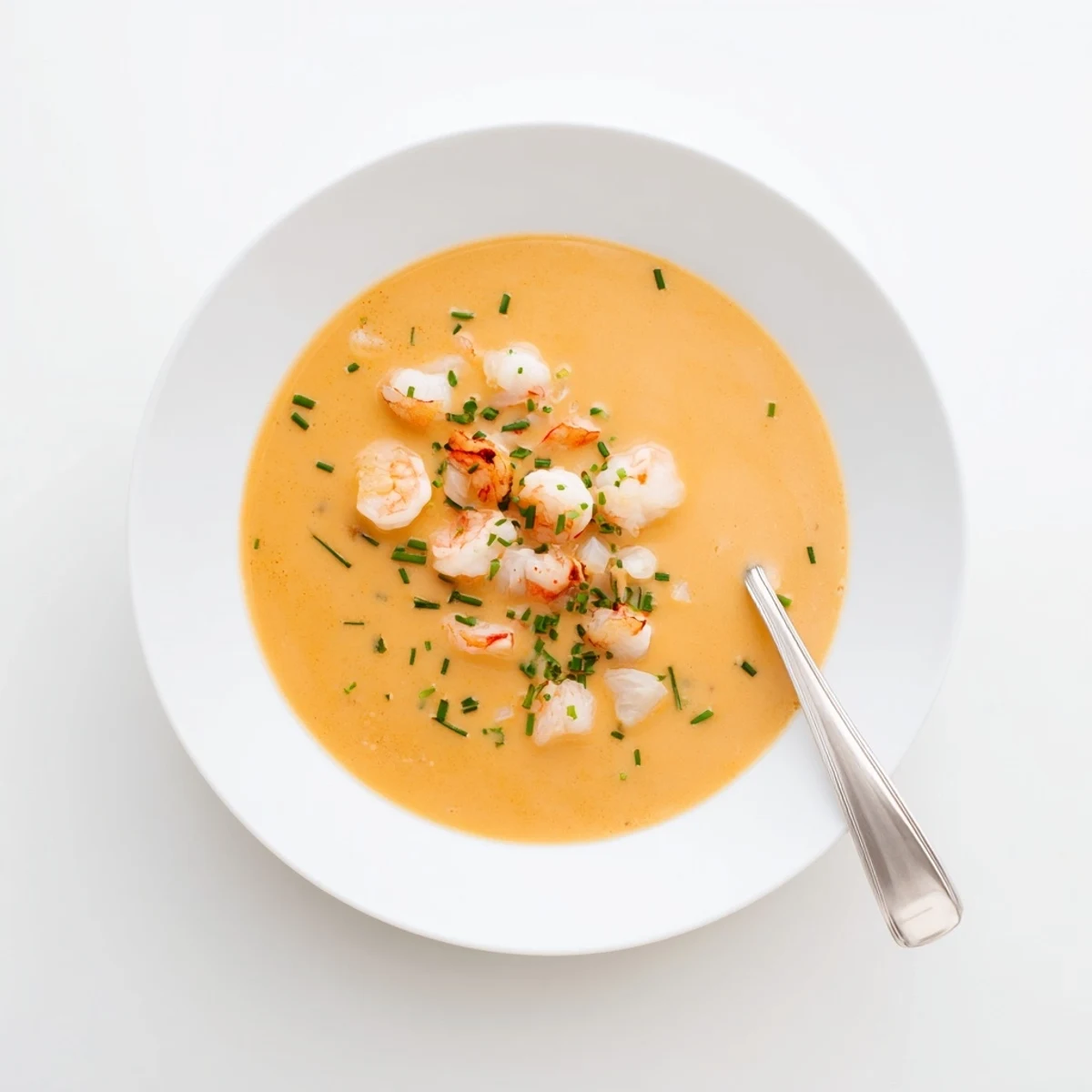 Rich French seafood bisque served in white bowl with crusty bread and chopped parsley