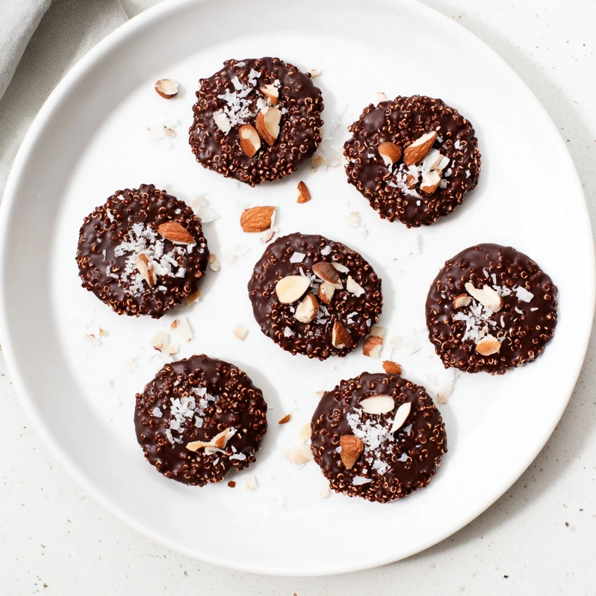 Dark chocolate quinoa crisps arranged on a white plate showcasing their glossy chocolate coating and crunchy texture