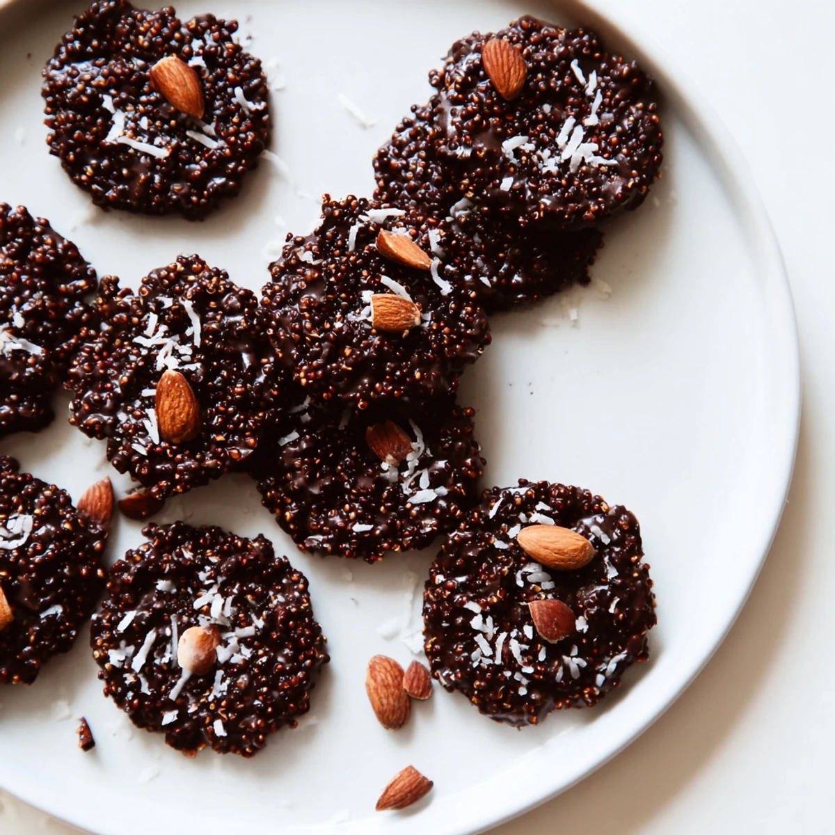 Bite-sized dark chocolate quinoa crisps sprinkled with sea salt on parchment paper after chilling until set