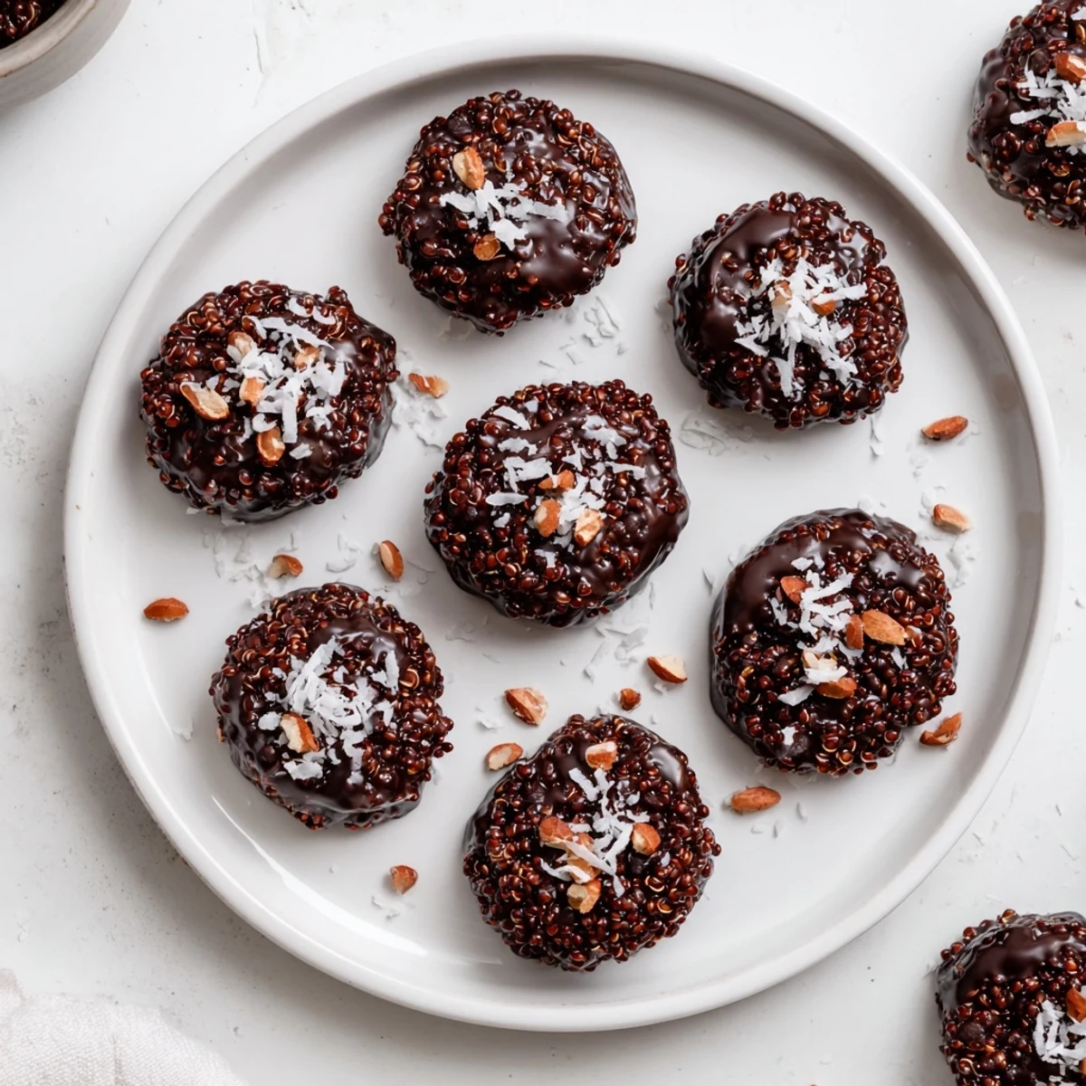 Homemade dark chocolate quinoa crisps with toasted quinoa bits visible throughout the rich melted chocolate coating